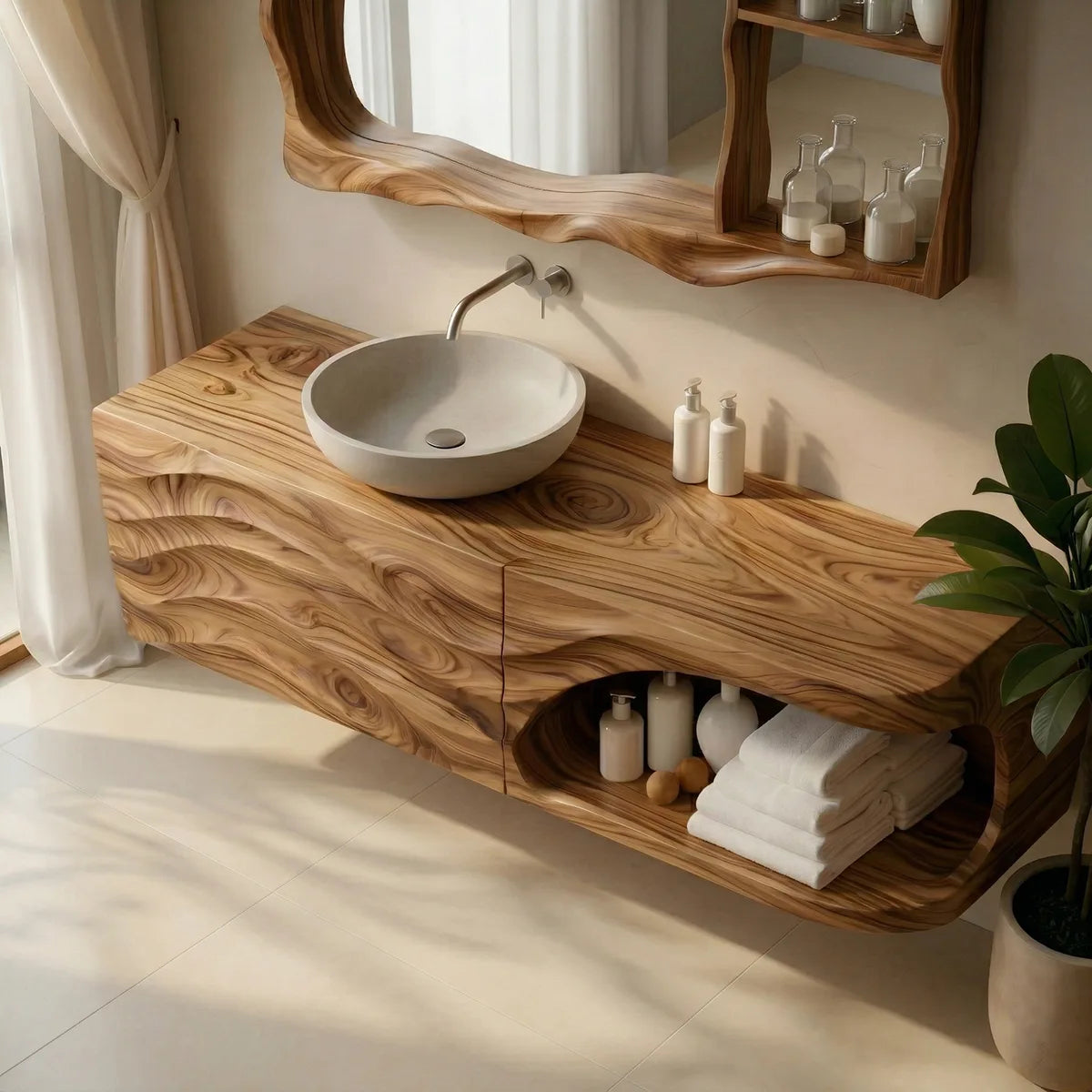 Floating Solid Wood Bathroom Vanity with Sculpted Wave Front and Open Shelf