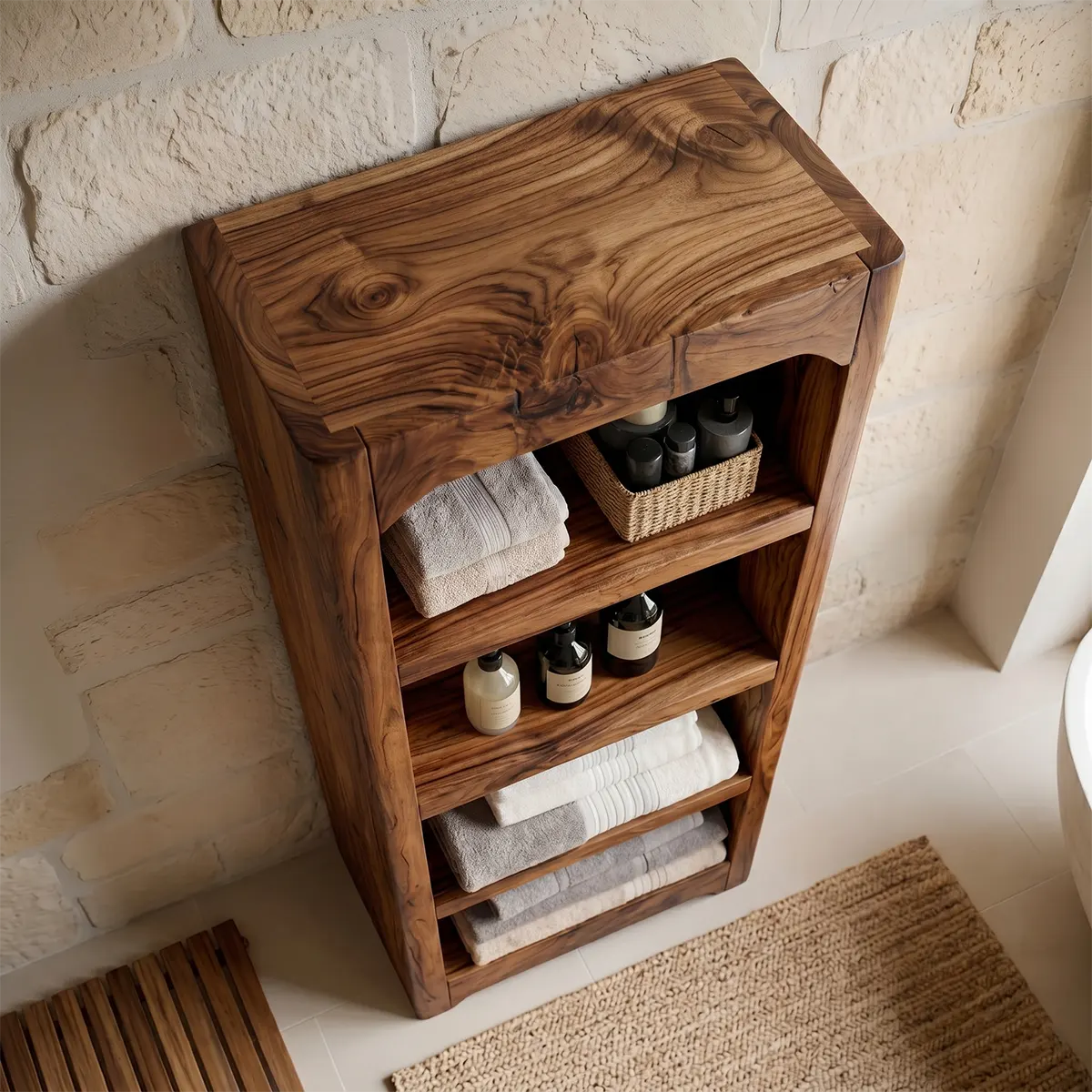 Tall Solid Wood Open Shelf Bathroom Storage Cabinet