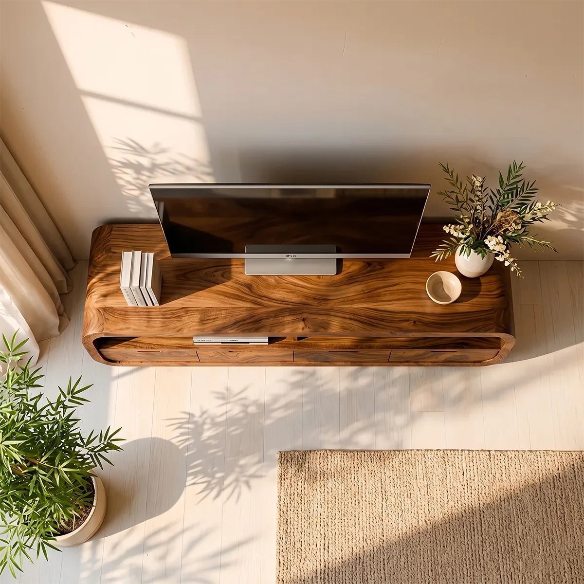 Modern Solid Wood Rounded TV Stand with Drawers