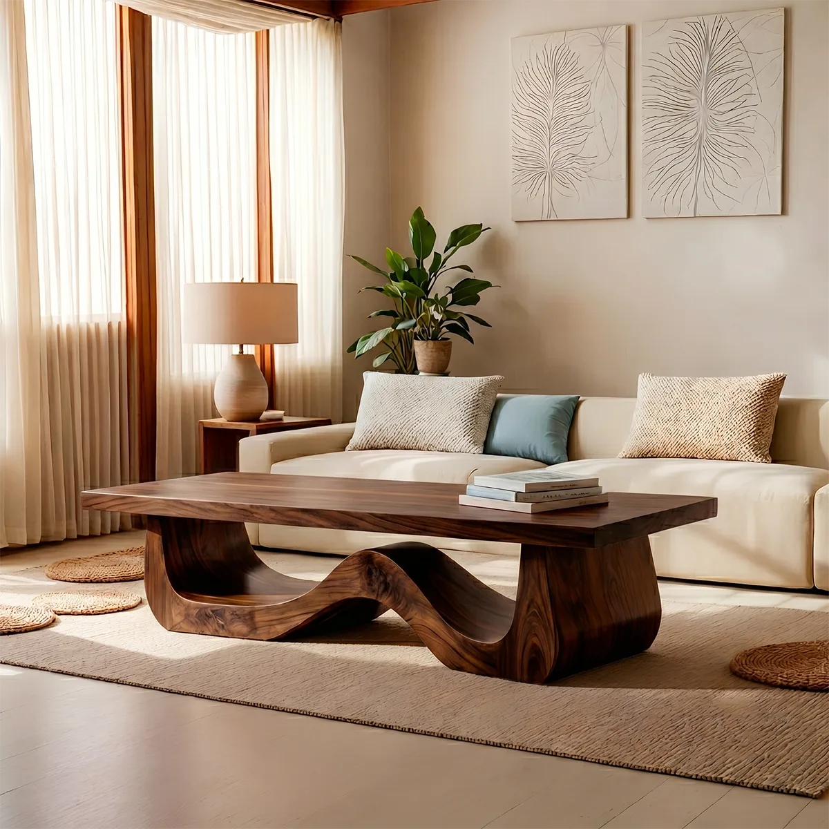 Sculptural Solid Wood Coffee Table – Handcrafted Modern Wave Base Table