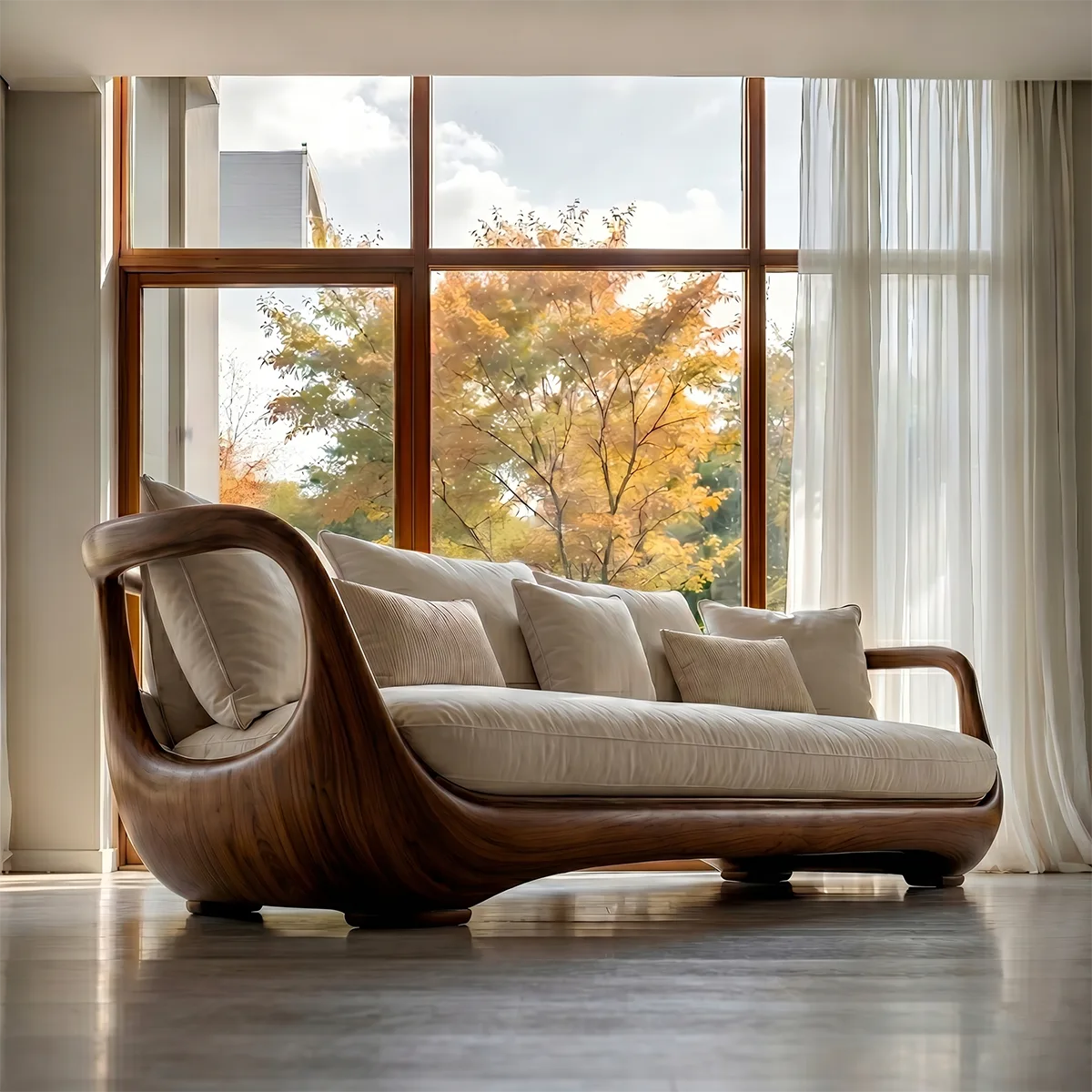 Luxury Organic Modern Curved Solid Wood Sofa with Sculptural Design