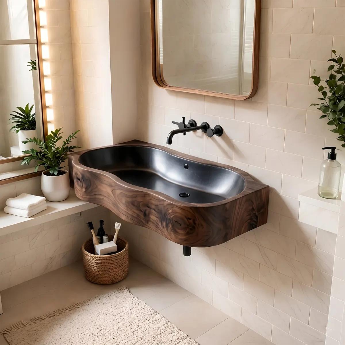 Asymmetrical Floating Bathroom Sink | Deep Integrated Basin with Curved Profile TT006-3CBC6LX