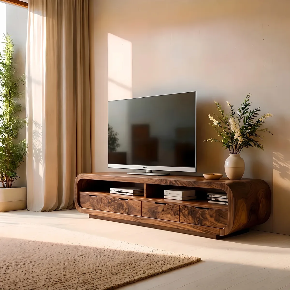 Modern Solid Wood Rounded TV Stand with Drawers