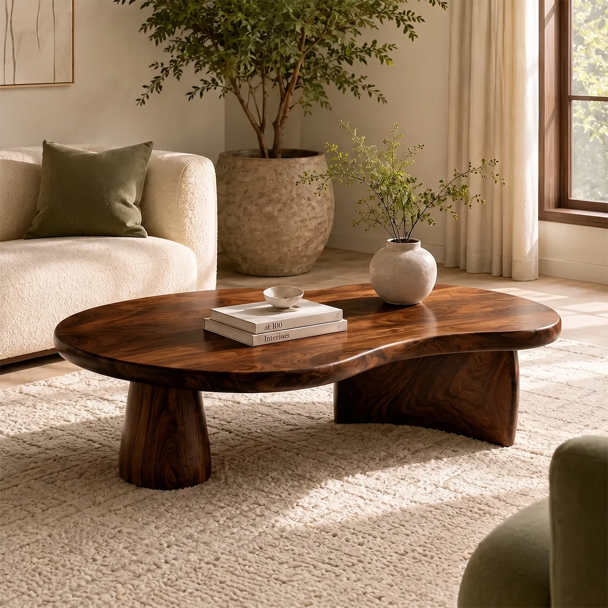 Organic Solid Wood Coffee Table | Freeform Hardwood Coffee Table with Sculptural Pedestal Base TT006-7466