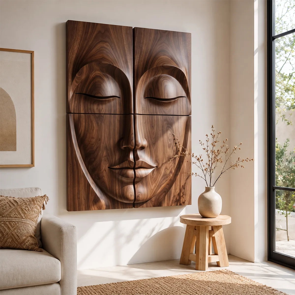 Zen Wooden Buddha Face Wall Art | Large 4 Panel Wood Wall Sculpture TT006-7173