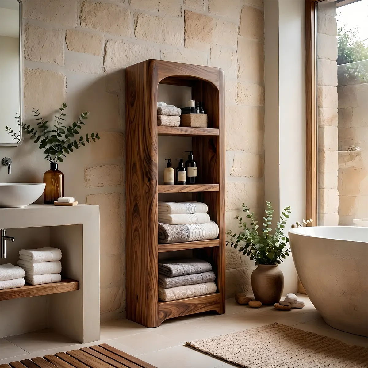 Tall Solid Wood Open Shelf Bathroom Storage Cabinet