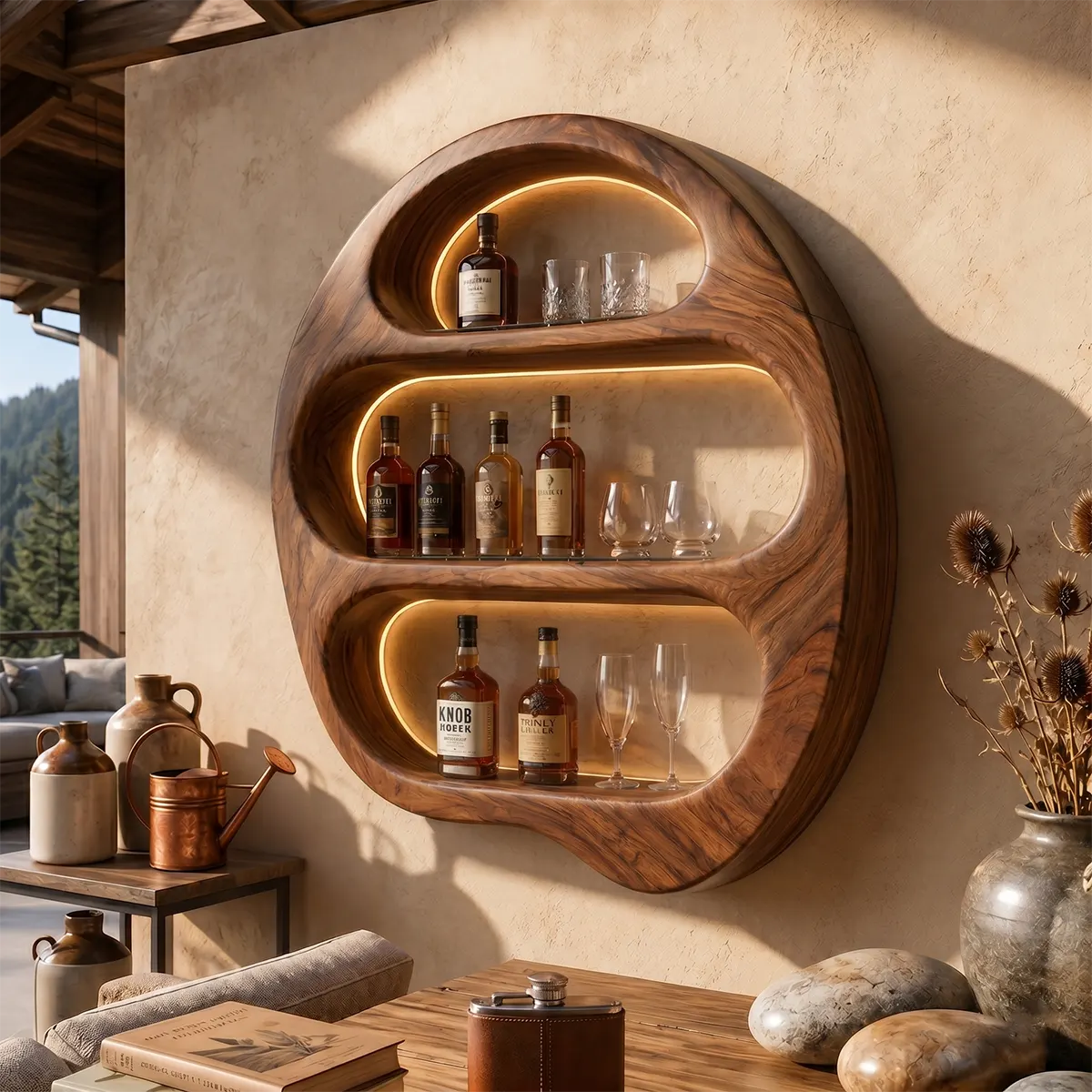 Sculptural Solid Wood Wall Wine Holder for Home Bars, Dining Rooms TT006-9525