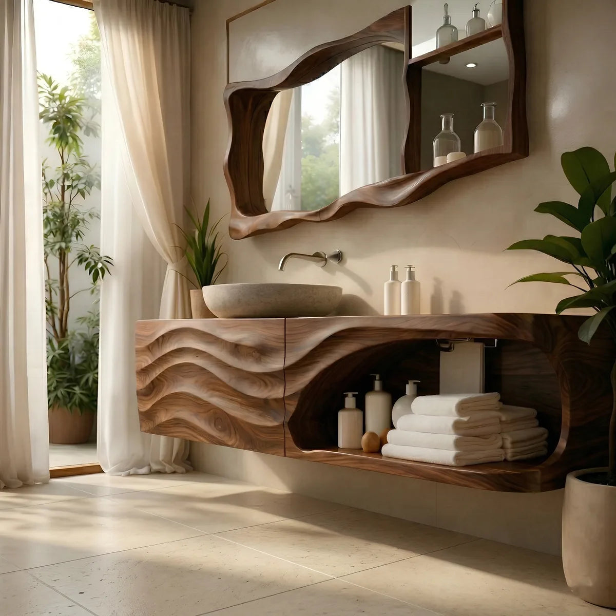 Floating Solid Wood Bathroom Vanity with Sculpted Wave Front and Open Shelf