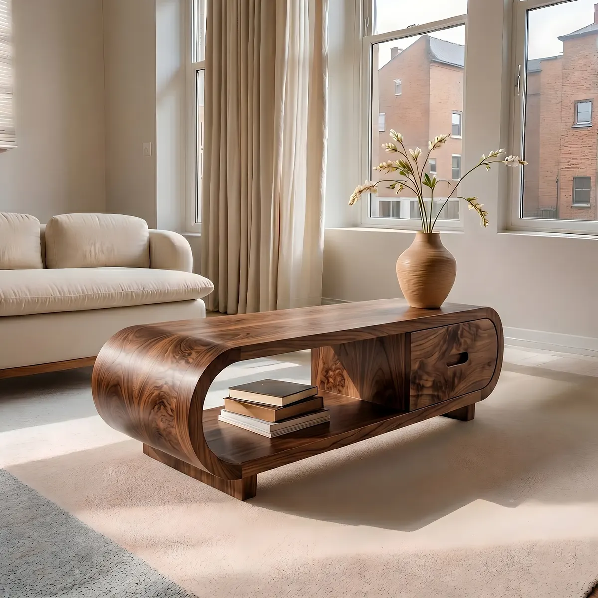 Handcrafted Solid Wood Coffee Table with Oval Silhouette and Storage Drawer