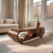 Handcrafted Solid Wood Coffee Table with Oval Silhouette and Storage Drawer