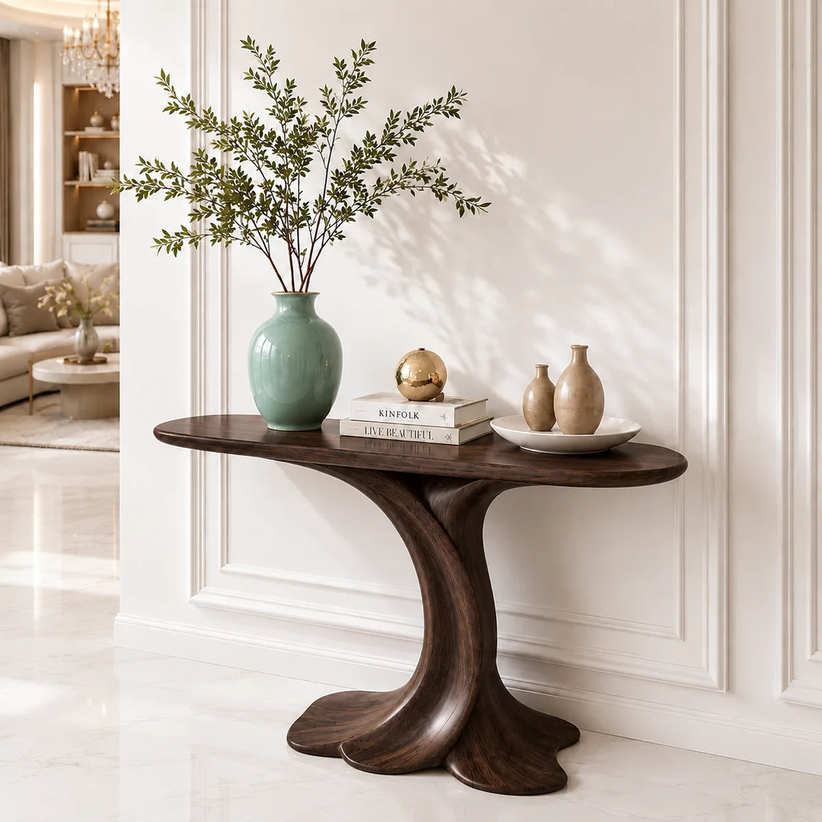 Sculptural Wooden Console Table for Entryway and Living Room Decor