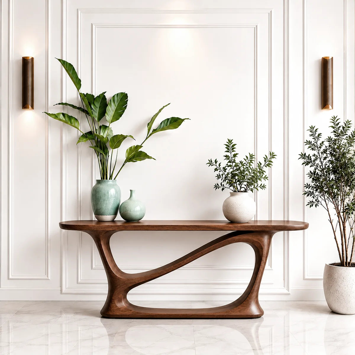 Handcrafted Solid Wood Console Table with Sculptural Base