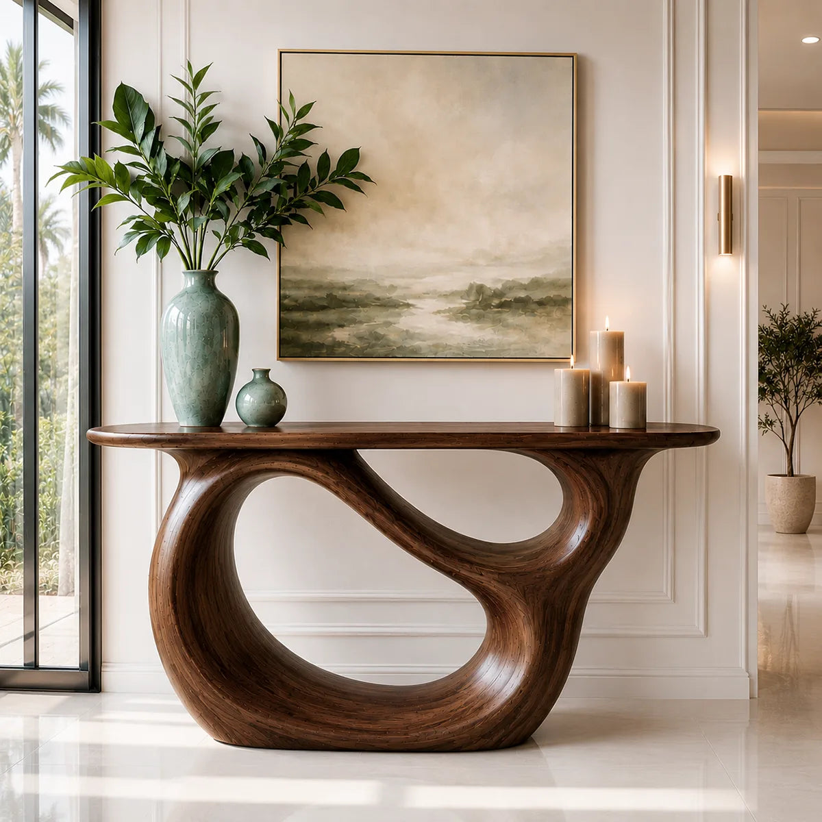 Sculptural Wood Console Table with Oval Cutout Base for Entryway