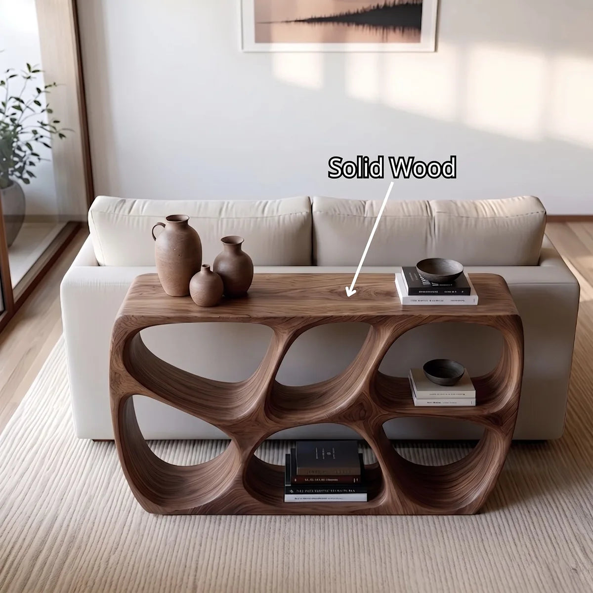 Organic Modern Sofa Table, Sculptural Wood Console Table, Open Storage Behind Couch Table HL020-7276