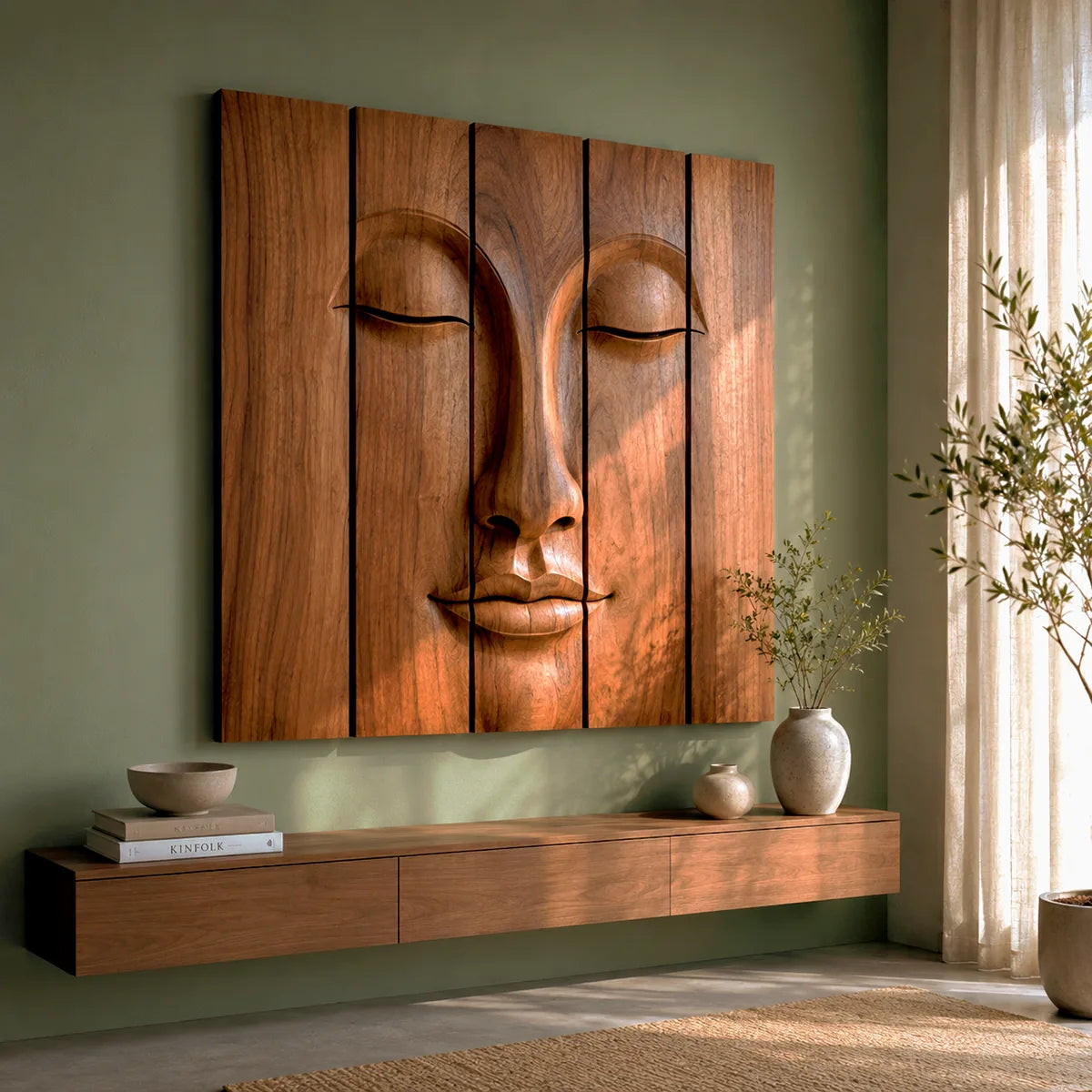 Zen Buddha Wooden Wall Art | Large 5 Panel Carved Wood Wall Sculpture TT006-4963