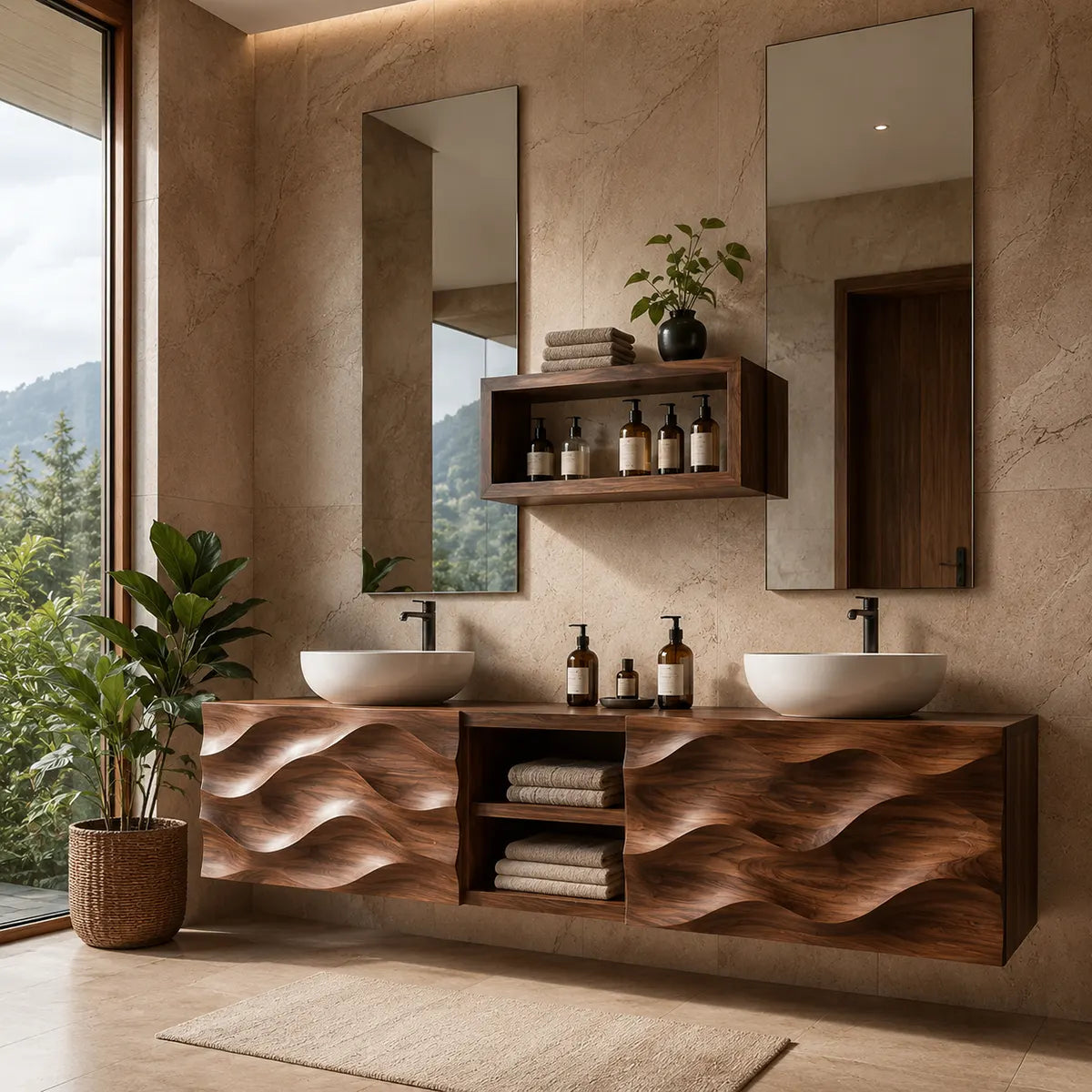 Sculpted Wave Double Sink Floating Bathroom Vanity TT006-9643