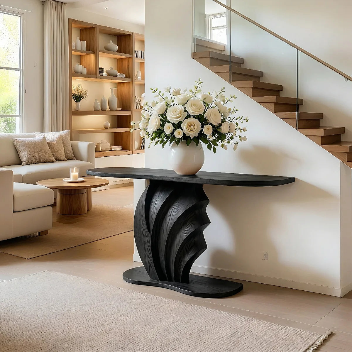 Sculptural Solid Wood Console Table with Carved Wave Pedestal Base