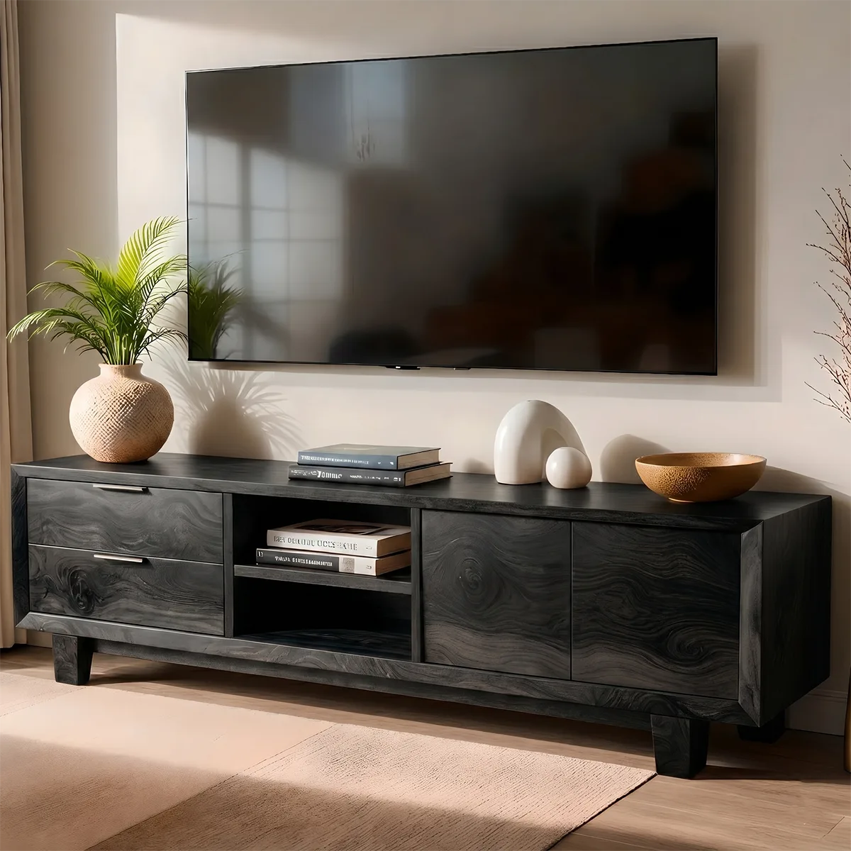 Mid Century Modern Solid Wood TV Stand with Mixed Storage