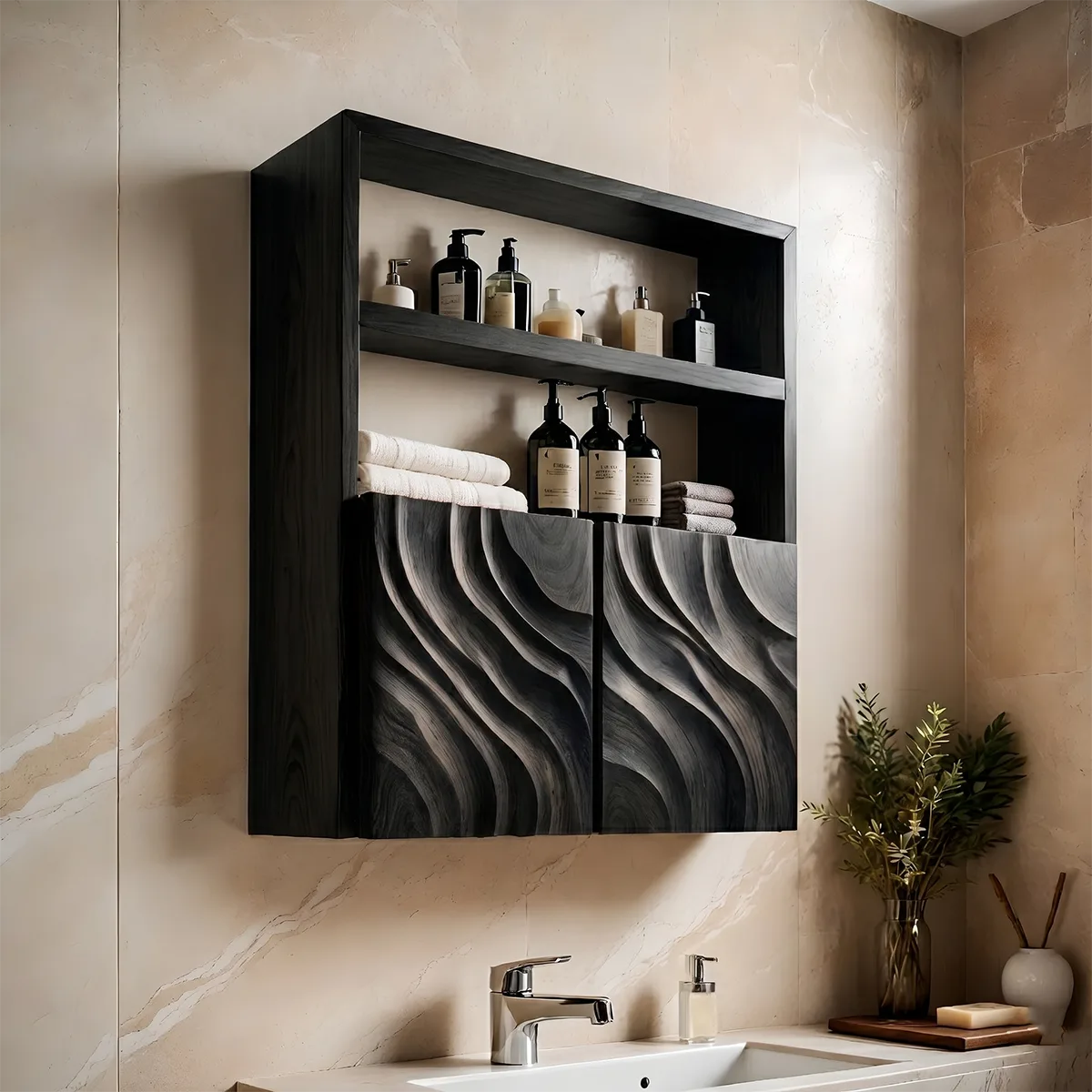 Solid Wood Wall Cabinet Handcrafted Wave Front Bathroom Storage Cabinet