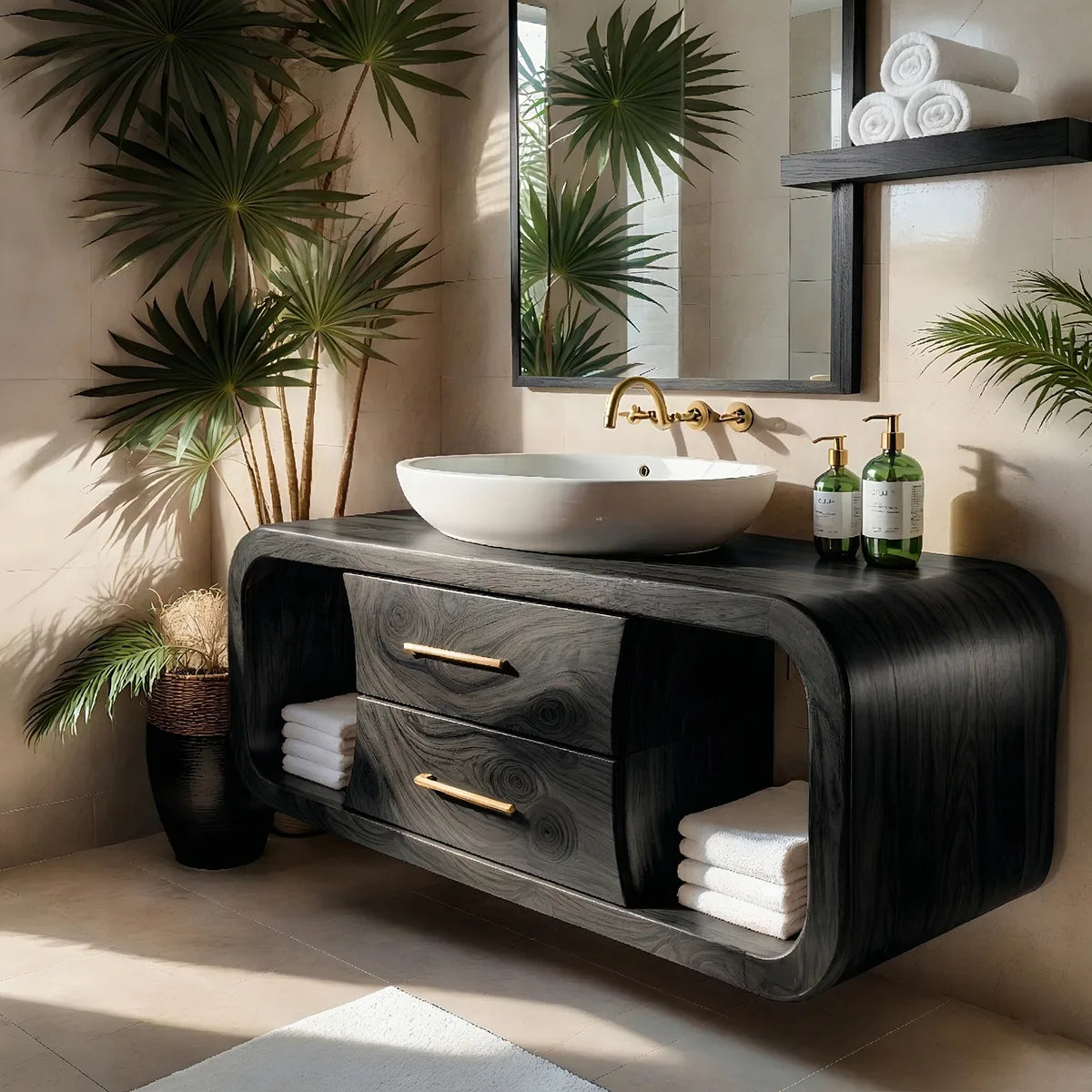 Floating Solid Wood Bathroom Vanity with Rounded Frame