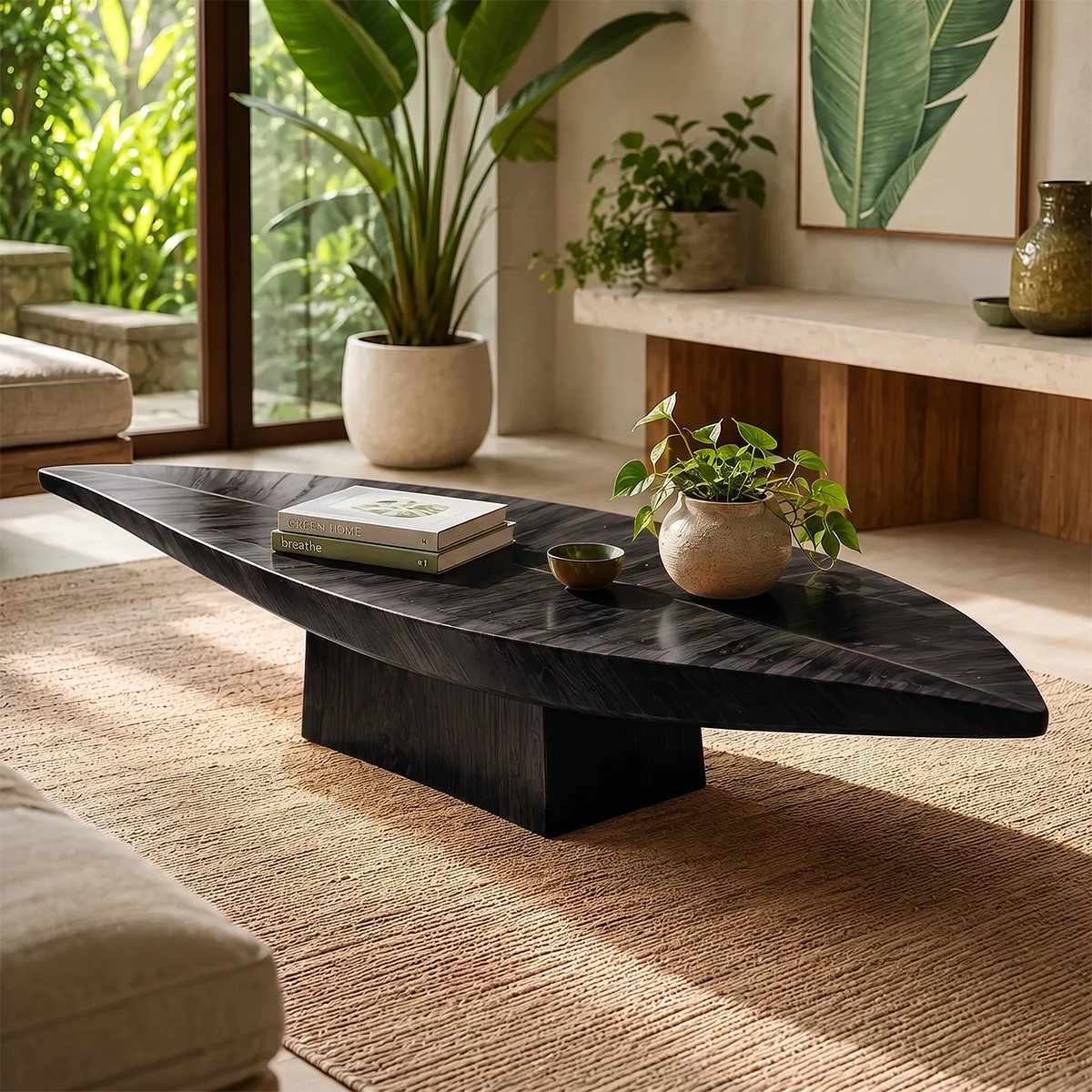 Organic Solid Wood Leaf Coffee Table | Freeform Hardwood Coffee Table with Sculptural Pedestal Base TT006-8380