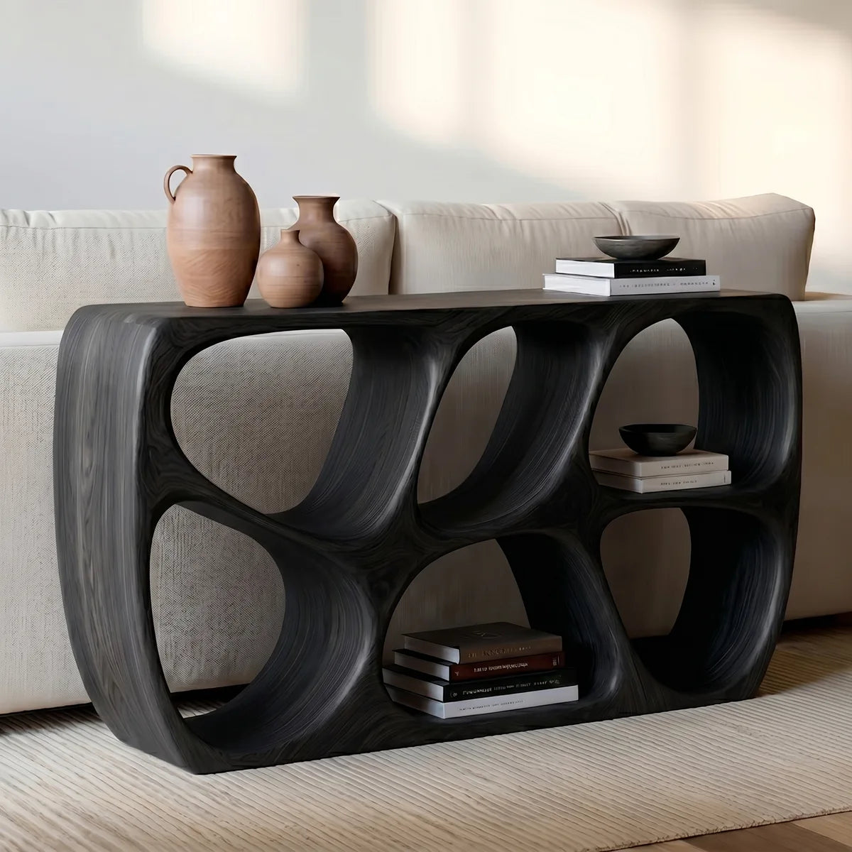 Organic Modern Sofa Table, Sculptural Wood Console Table, Open Storage Behind Couch Table HL020-7276
