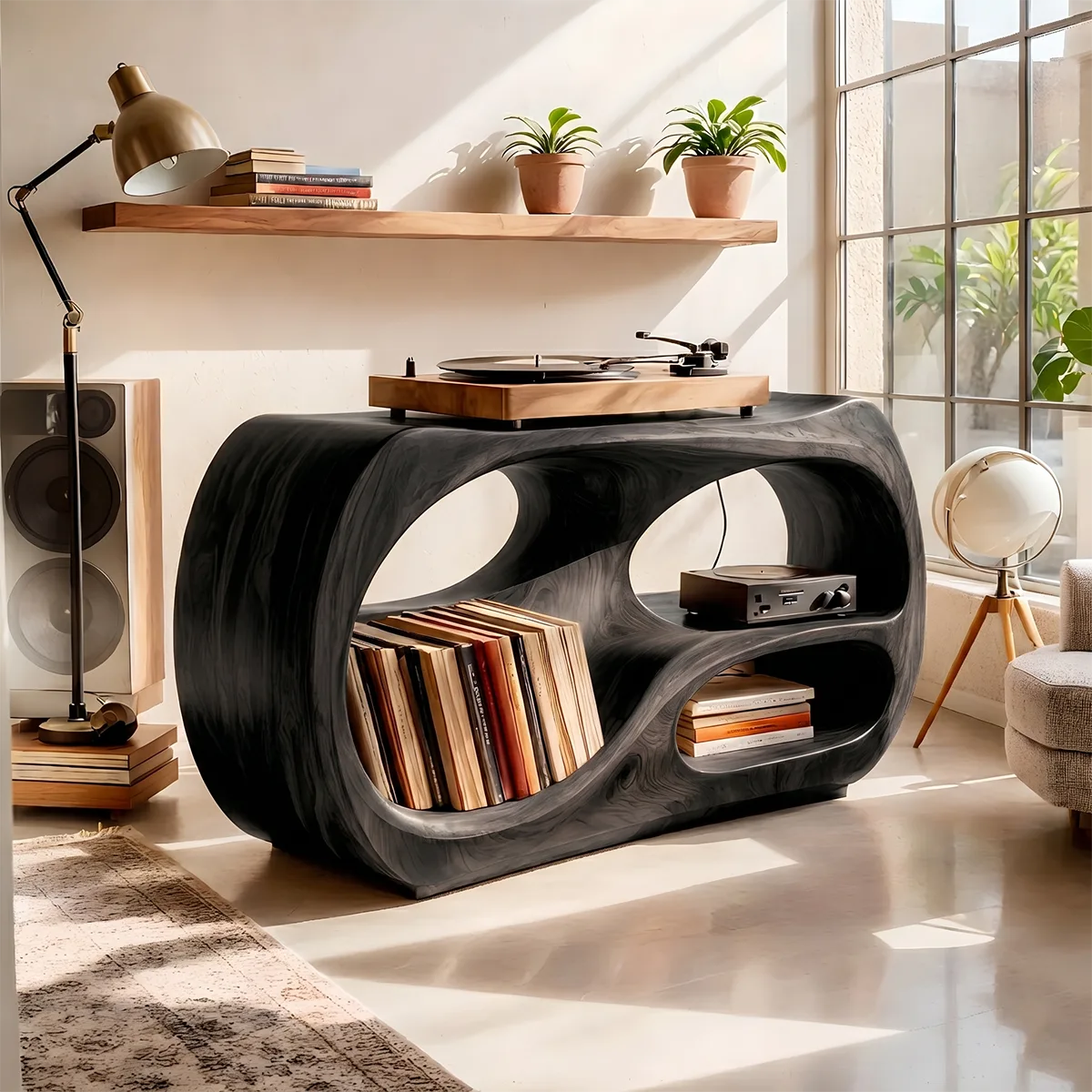Solid Wood Record Player Stand, Curved Turntable Cabinet with Vinyl Storage