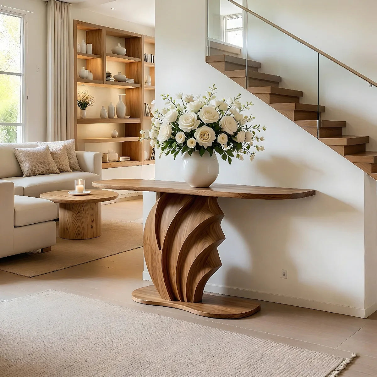 Sculptural Solid Wood Console Table with Carved Wave Pedestal Base