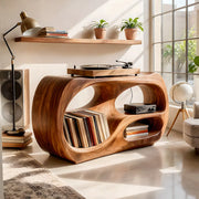 Solid Wood Record Player Stand, Curved Turntable Cabinet with Vinyl Storage