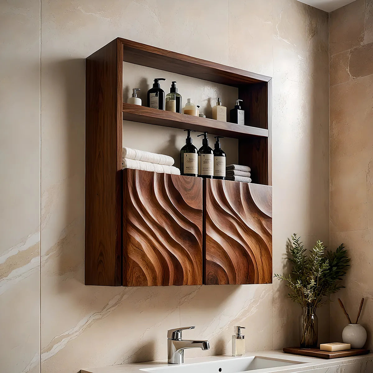 Solid Wood Wall Cabinet Handcrafted Wave Front Bathroom Storage Cabinet