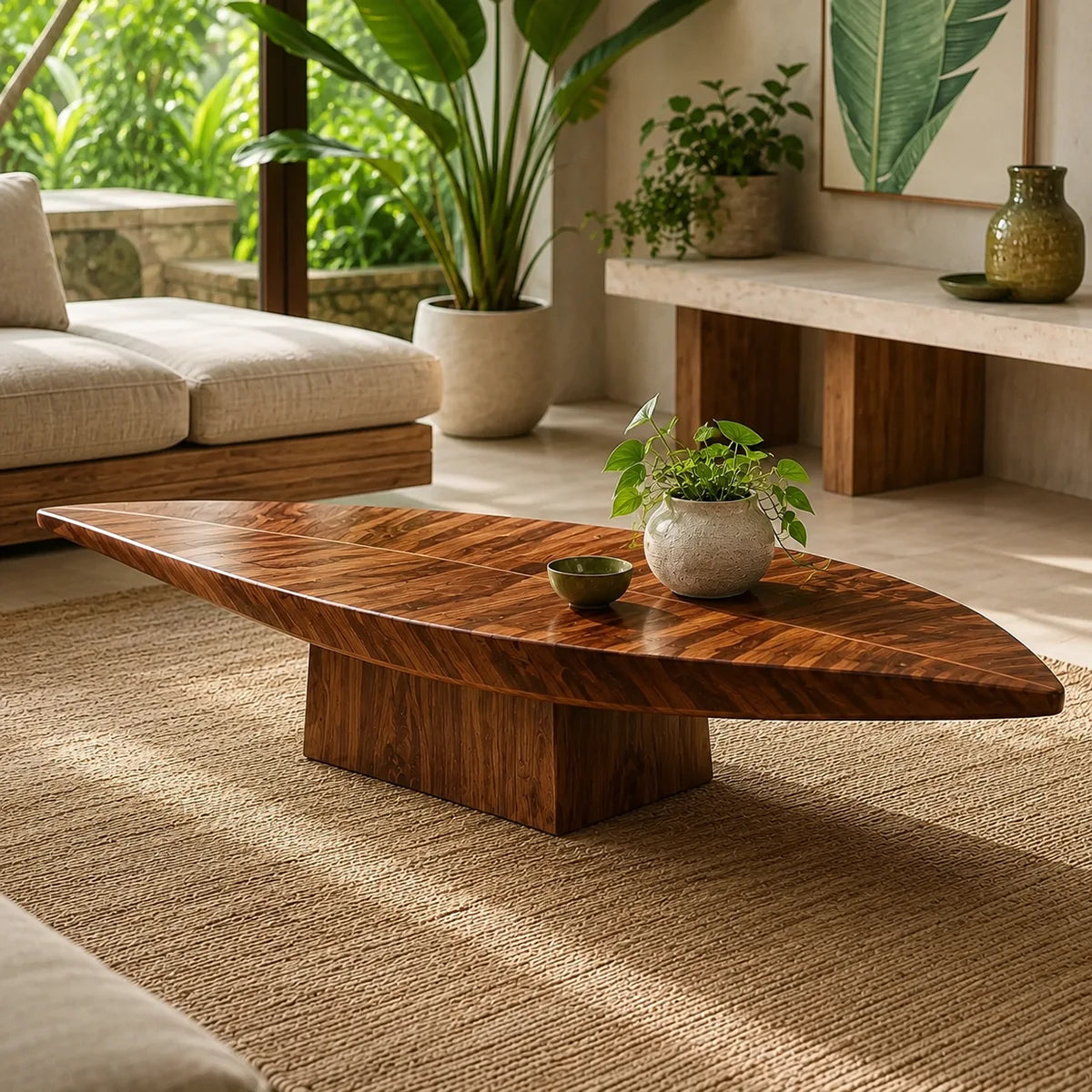 Organic Solid Wood Leaf Coffee Table | Freeform Hardwood Coffee Table with Sculptural Pedestal Base TT006-8380