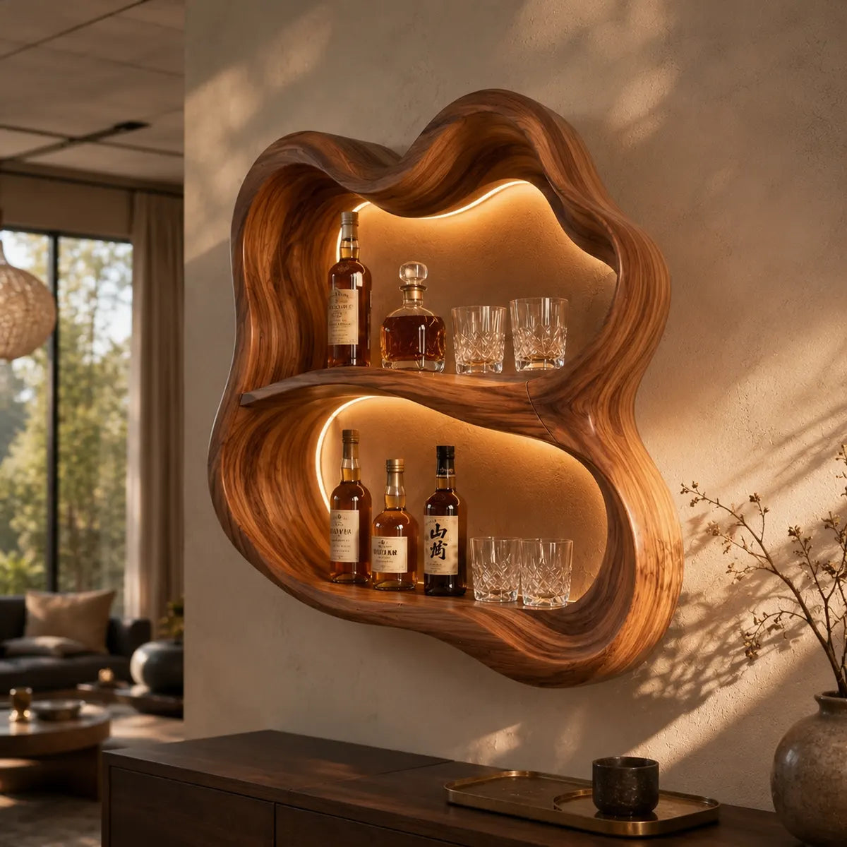 Sculptural Solid Wood Wall Wine Holder for Home Bars & Whiskey Lovers TT006-6450