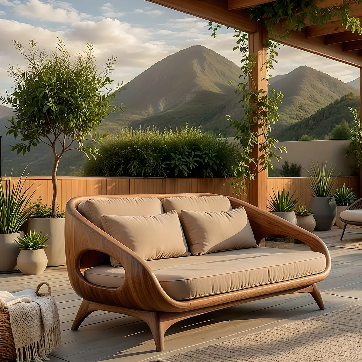 Luxury Organic Modern Outdoor Solid Wood Sofa with Sculptural Curves