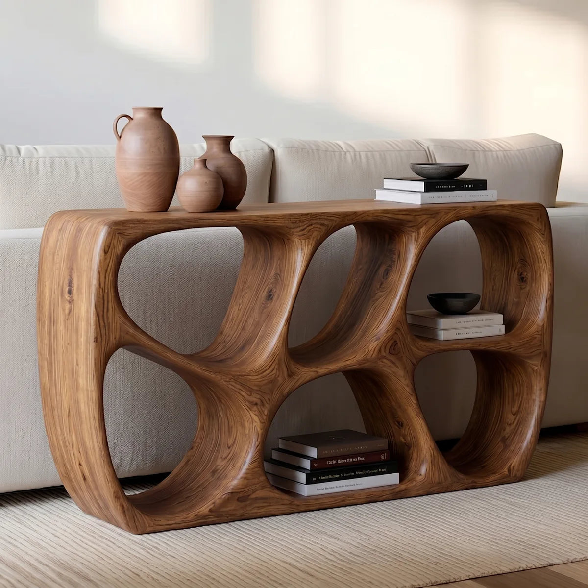 Organic Modern Sofa Table, Sculptural Wood Console Table, Open Storage Behind Couch Table HL020-7276