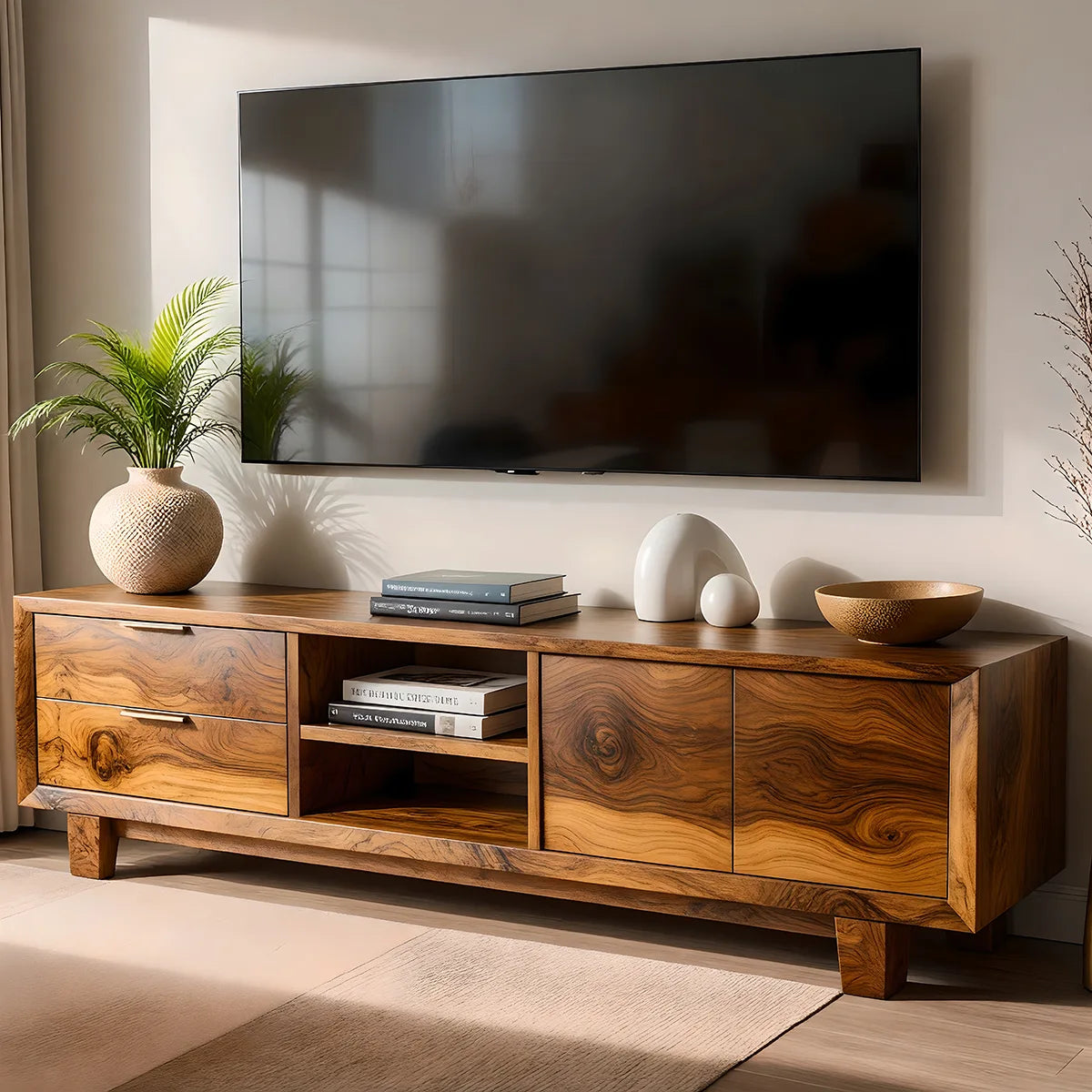 Mid Century Modern Solid Wood TV Stand with Mixed Storage
