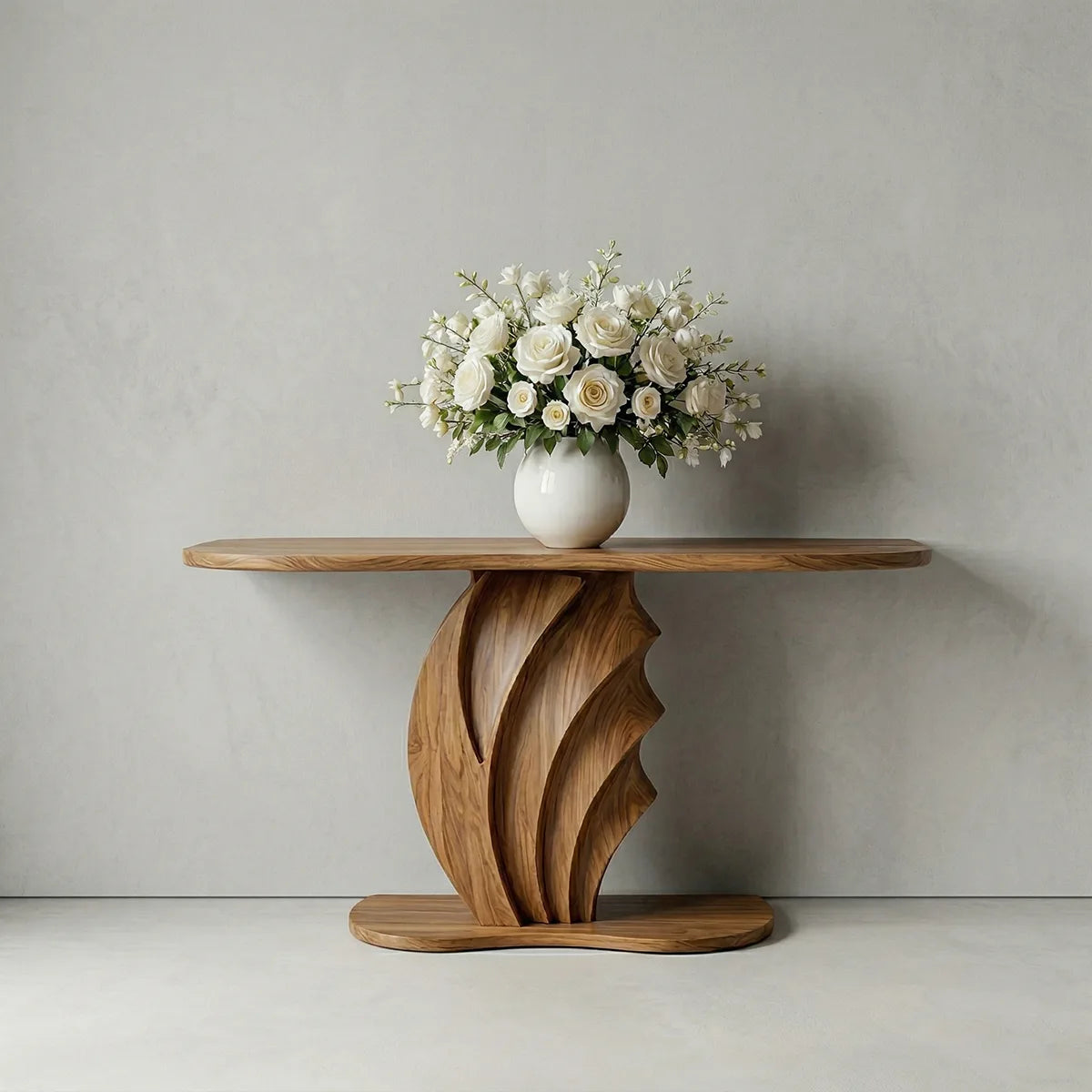 Sculptural Solid Wood Console Table with Carved Wave Pedestal Base