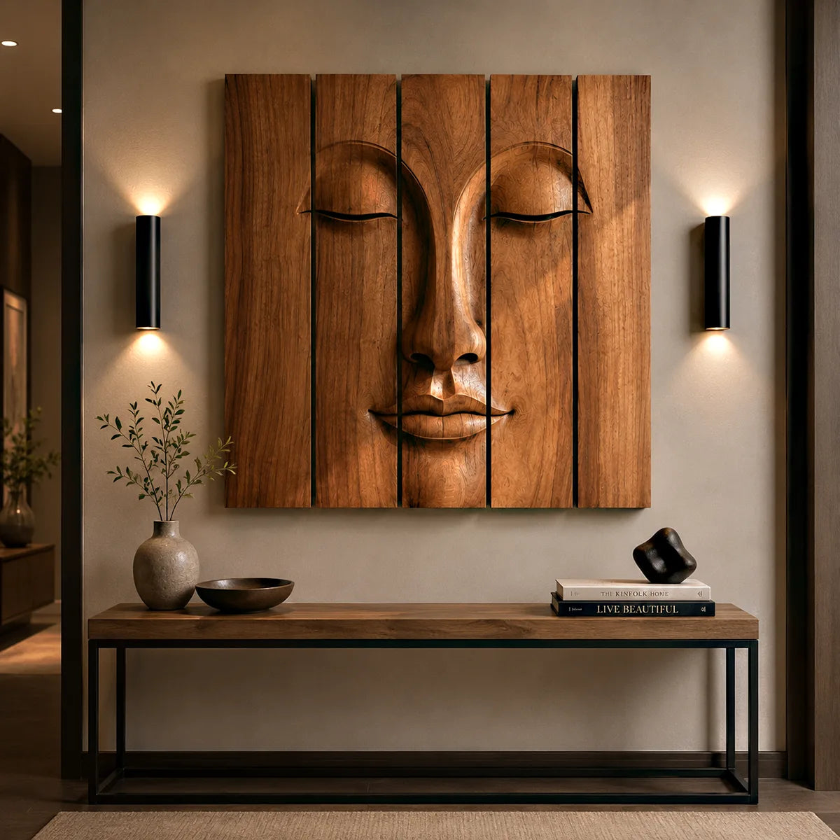 Zen Buddha Wooden Wall Art | Large 5 Panel Carved Wood Wall Sculpture TT006-4963