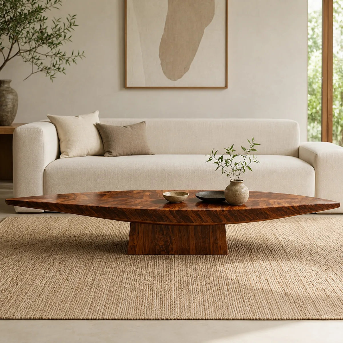 Organic Solid Wood Leaf Coffee Table | Freeform Hardwood Coffee Table with Sculptural Pedestal Base TT006-8380
