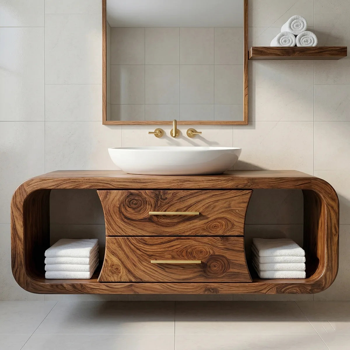 Floating Solid Wood Bathroom Vanity with Rounded Frame