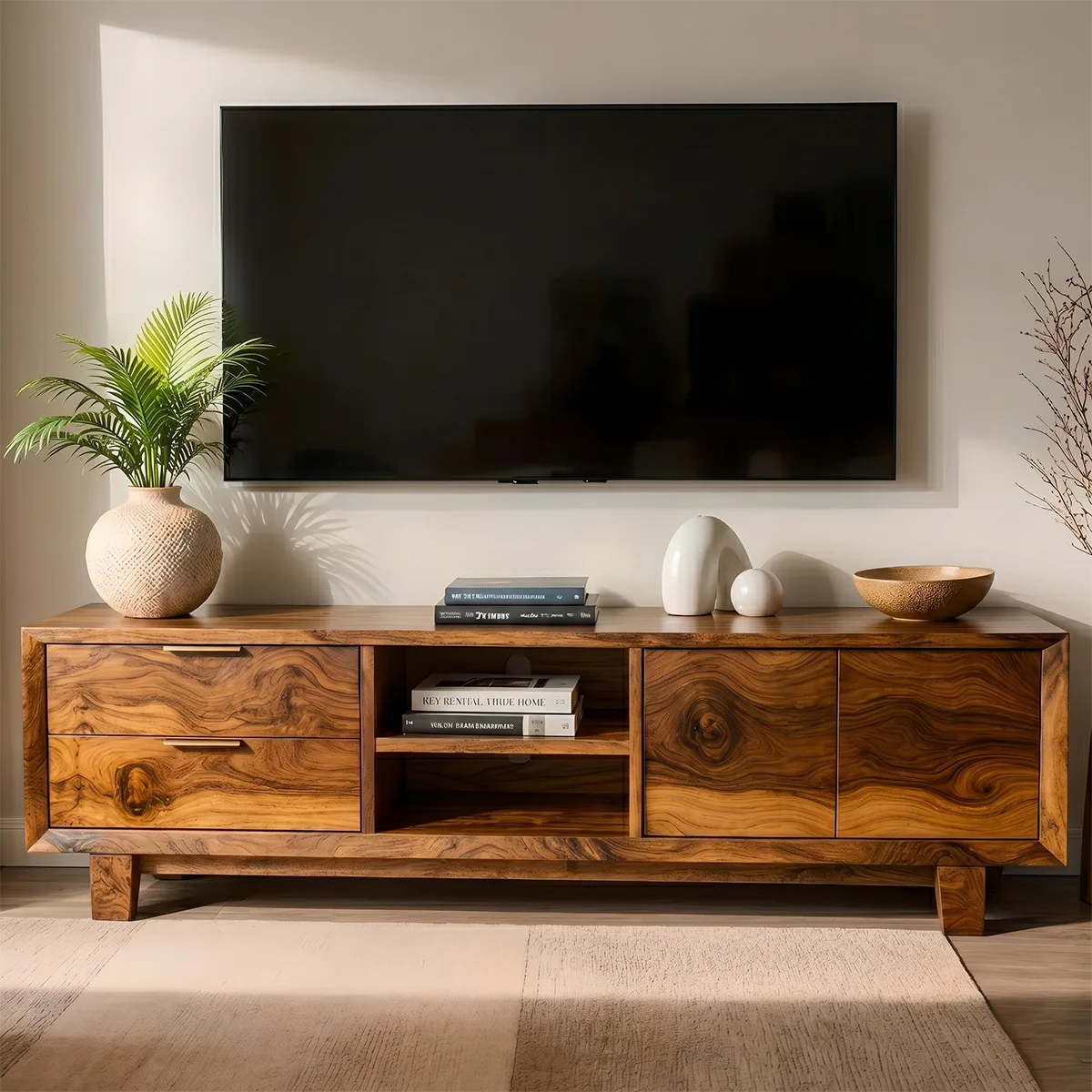 Mid Century Modern Solid Wood TV Stand with Mixed Storage