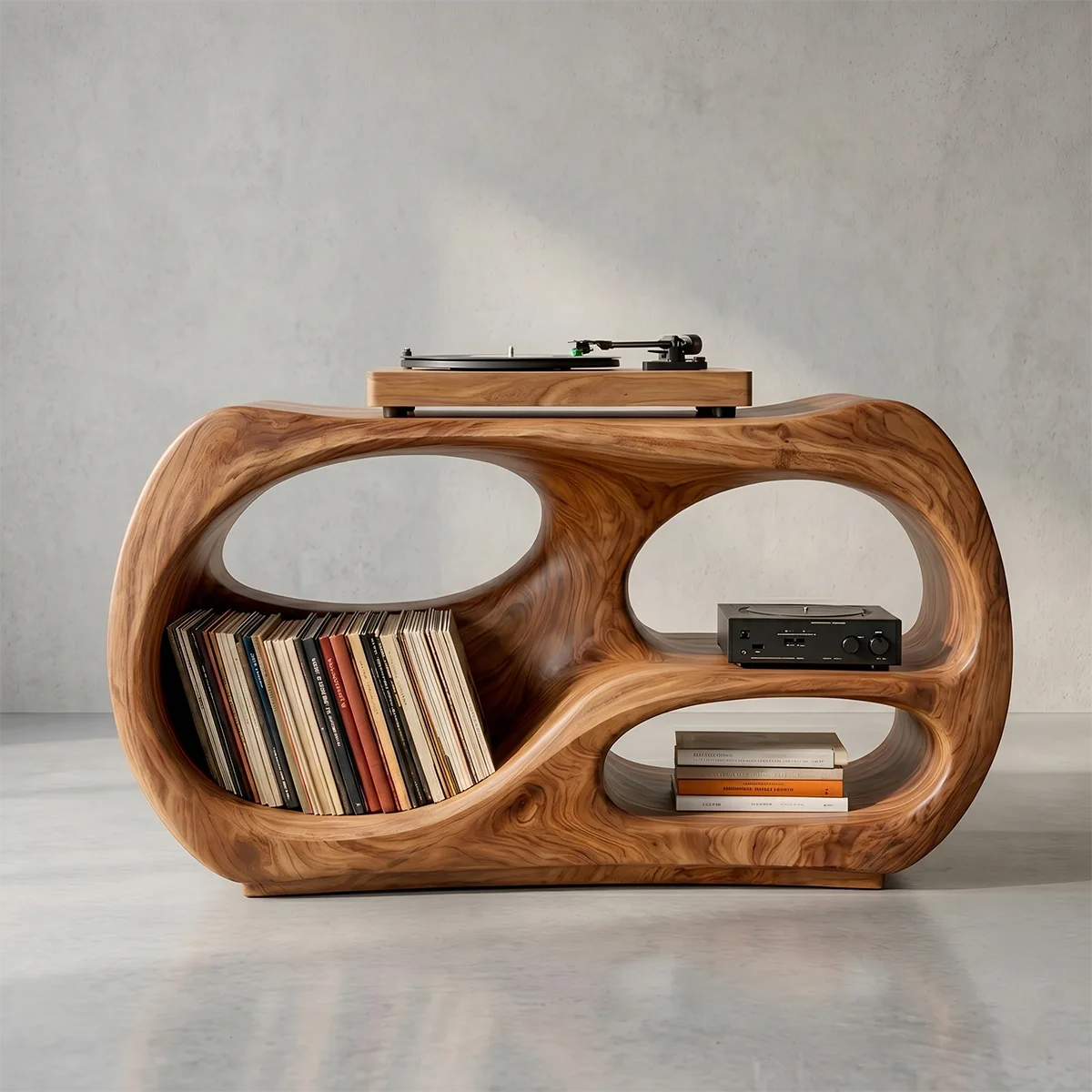 Solid Wood Record Player Stand, Curved Turntable Cabinet with Vinyl Storage