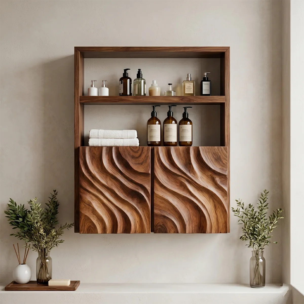 Solid Wood Wall Cabinet Handcrafted Wave Front Bathroom Storage Cabinet