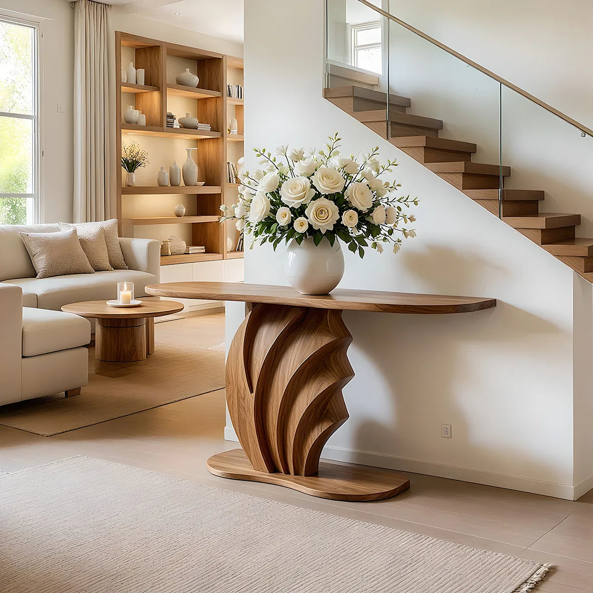 Sculptural Solid Wood Console Table with Carved Wave Pedestal Base