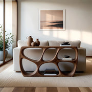 Organic Modern Sofa Table, Sculptural Wood Console Table, Open Storage Behind Couch Table HL020-7276