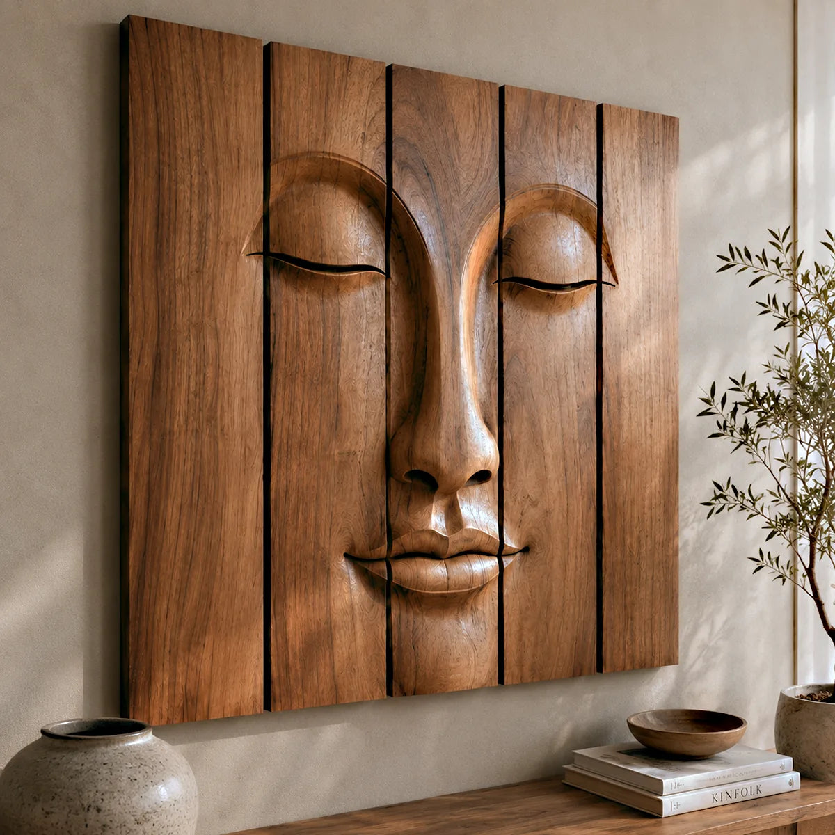 Zen Buddha Wooden Wall Art | Large 5 Panel Carved Wood Wall Sculpture TT006-4963