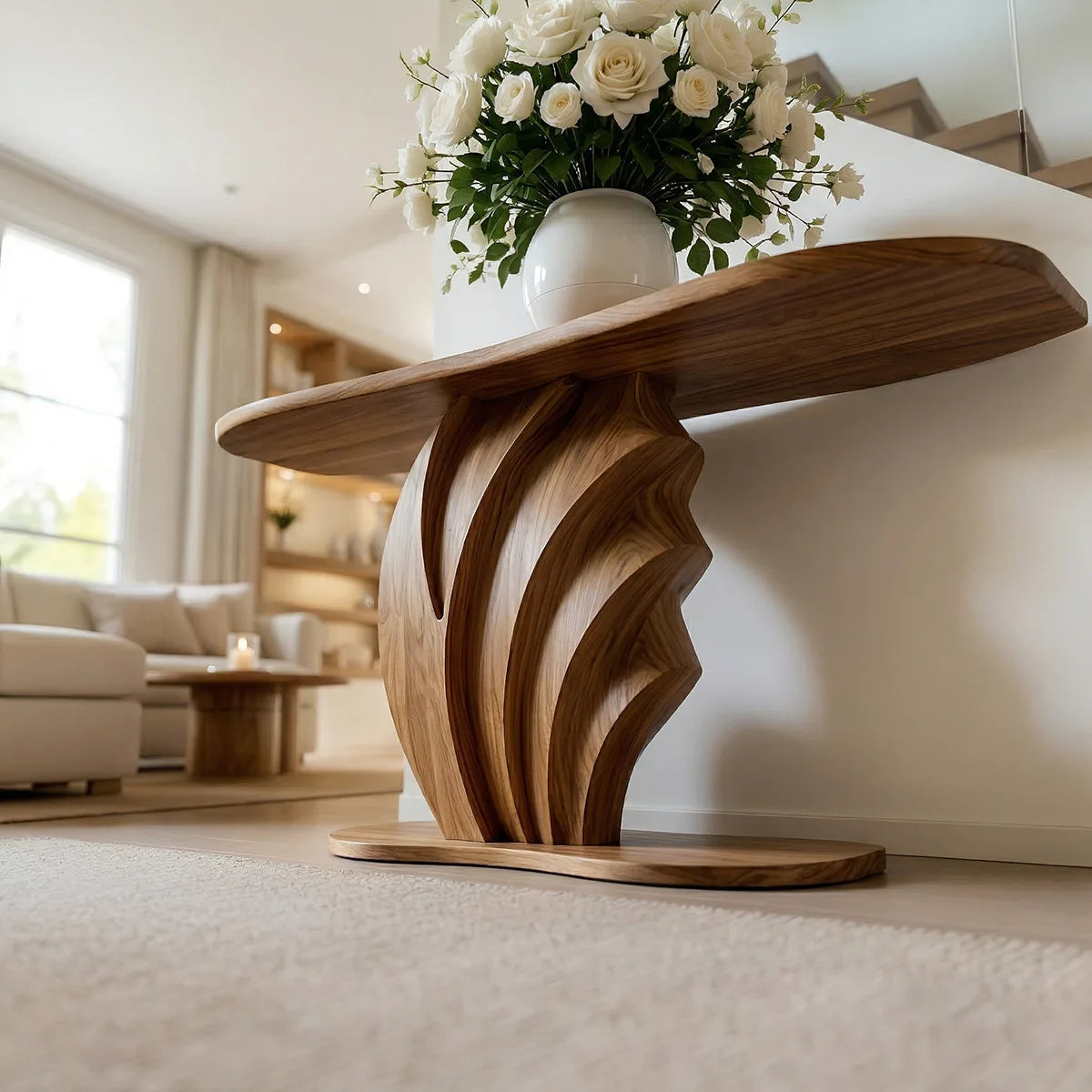 Sculptural Solid Wood Console Table with Carved Wave Pedestal Base