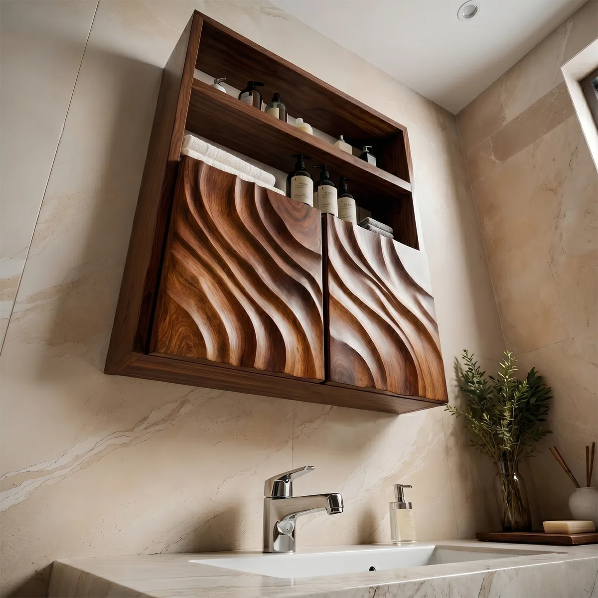 Solid Wood Wall Cabinet Handcrafted Wave Front Bathroom Storage Cabinet