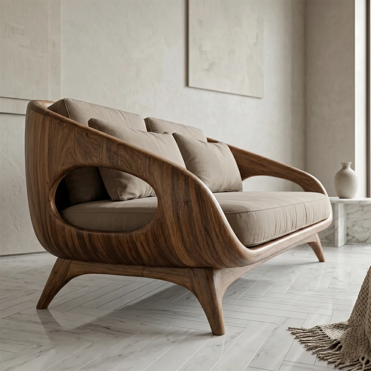 Luxury Organic Modern Outdoor Solid Wood Sofa with Sculptural Curves