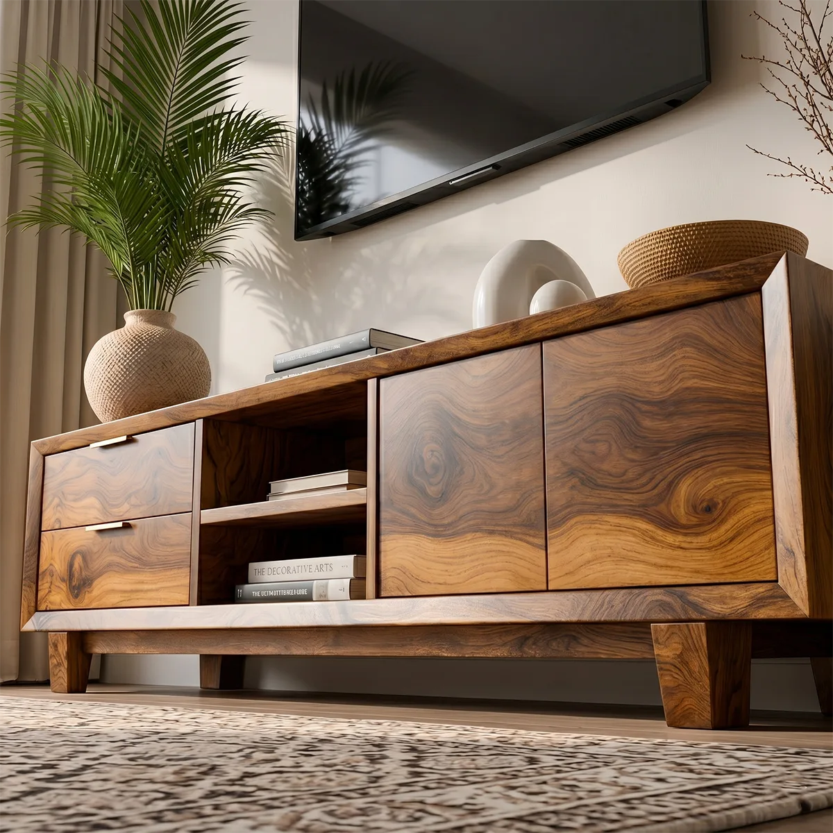 Mid Century Modern Solid Wood TV Stand with Mixed Storage
