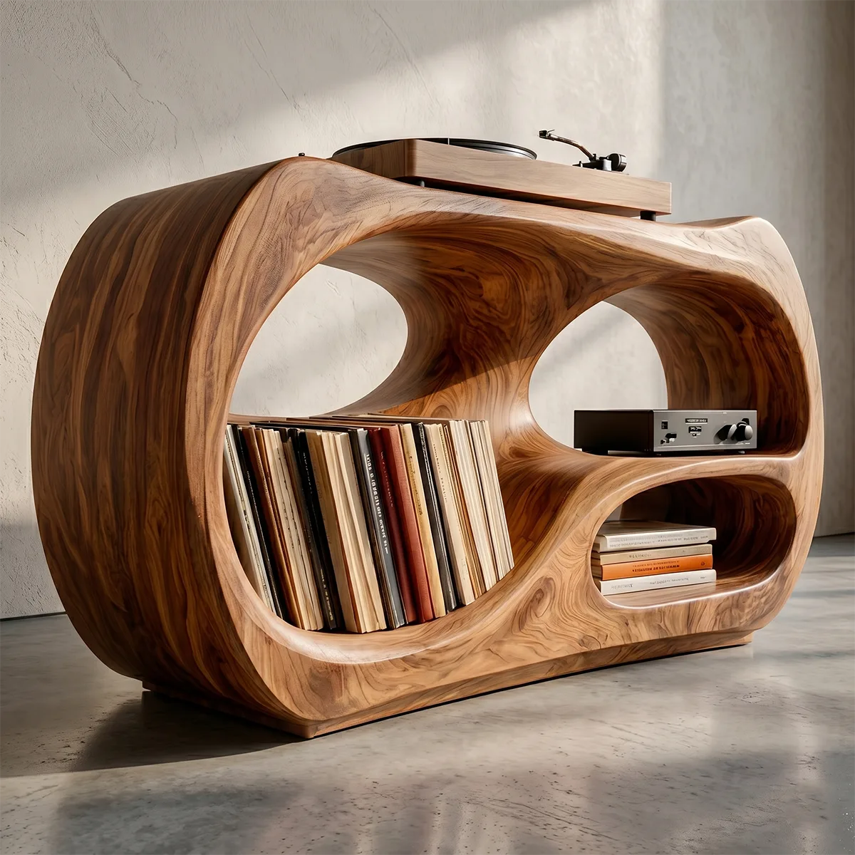 Solid Wood Record Player Stand, Curved Turntable Cabinet with Vinyl Storage